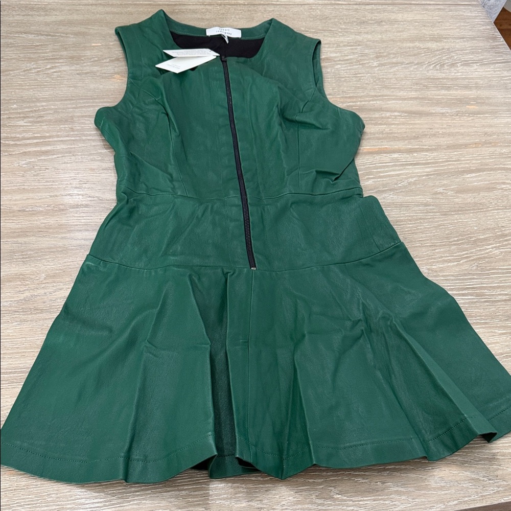 Woman Green Sleeveless leather & Flare Dress with Front Zip